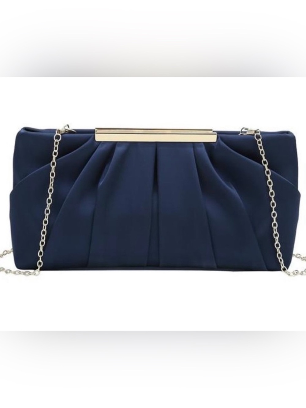 NWT Charming Tailor Blue Navy Satin Clutch with Gold Bar Accent